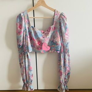 NWT Dollskill Cherub Print Puff Sleeve Top